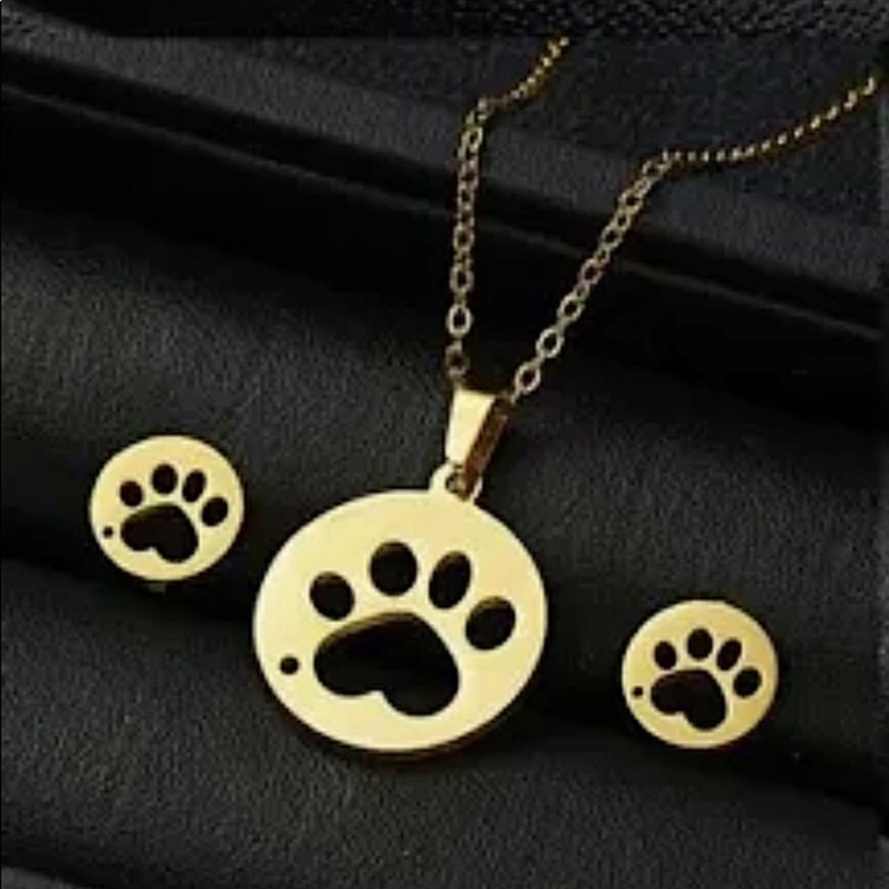 New! Stainless Steel Paw 🐾 Print Necklace and earrings set - Picture 2 of 3